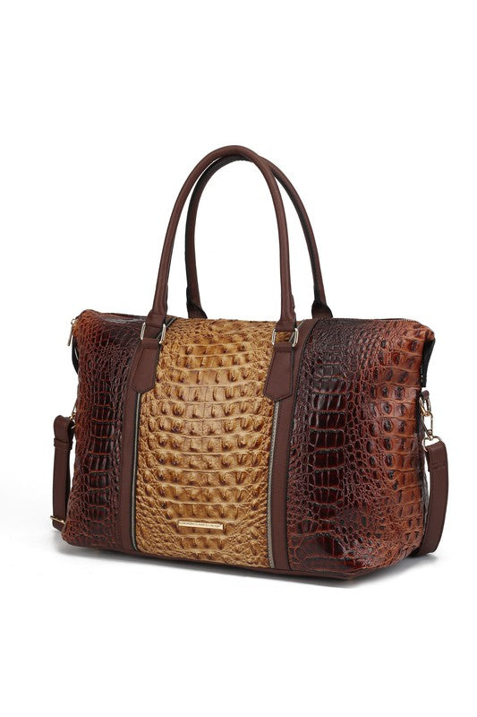 Vegan Leather Duffle Bag with Faux Crocodile Embossing, Gold-tone Hardware, Zipper Closure, Adjustable Strap, Organized Interior