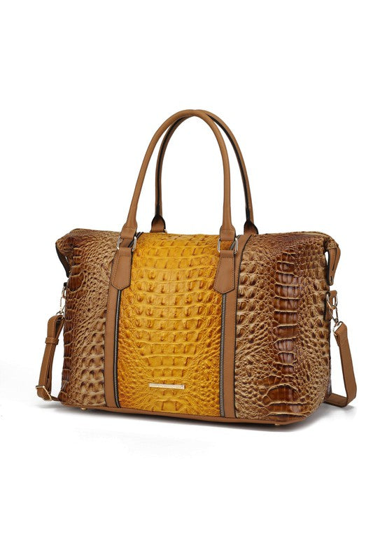 Vegan Leather Duffle Bag with Faux Crocodile Embossing, Gold-tone Hardware, Zipper Closure, Adjustable Strap, Organized Interior