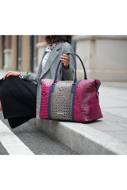 Vegan Leather Duffle Bag with Faux Crocodile Embossing, Gold-tone Hardware, Zipper Closure, Adjustable Strap, Organized Interior