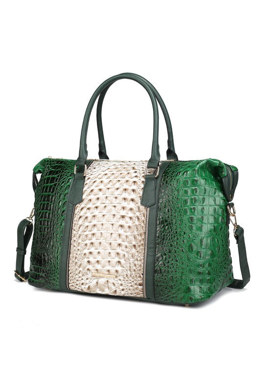 Vegan Leather Duffle Bag with Faux Crocodile Embossing, Gold-tone Hardware, Zipper Closure, Adjustable Strap, Organized Interior