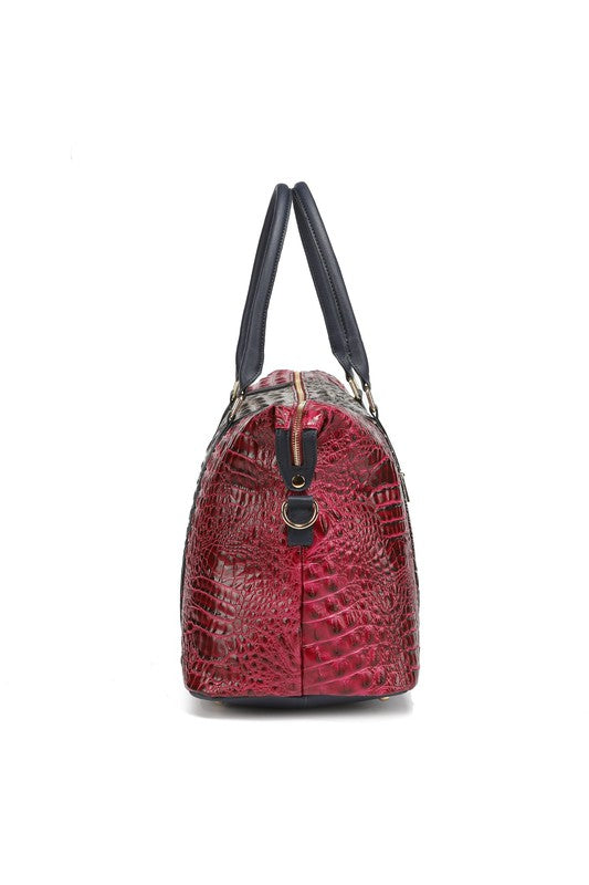 Vegan Leather Duffle Bag with Faux Crocodile Embossing, Gold-tone Hardware, Zipper Closure, Adjustable Strap, Organized Interior