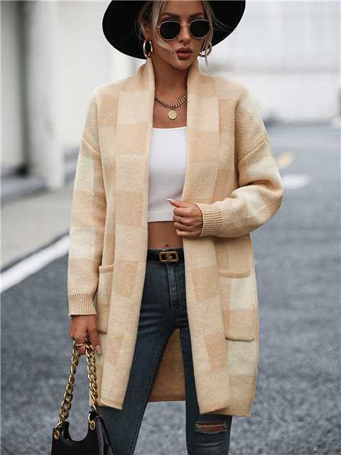 Checkered Long Cardigan for Women, Long Length, Open Front, Soft Fabric, Layering Essential, Versatile Style