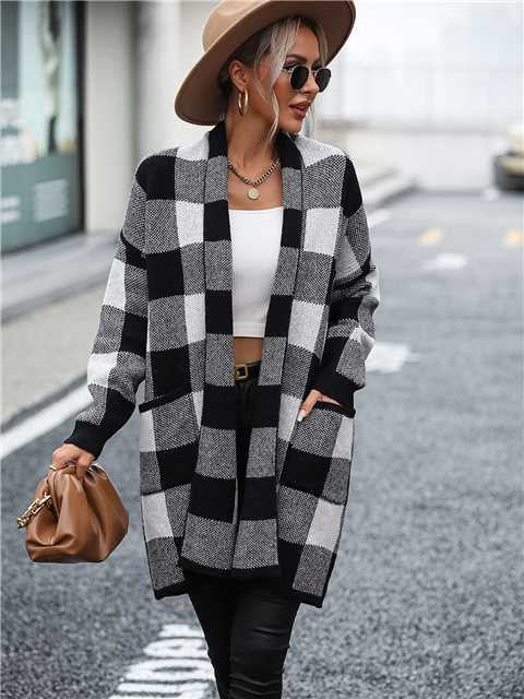 Checkered Long Cardigan for Women, Long Length, Open Front, Soft Fabric, Layering Essential, Versatile Style