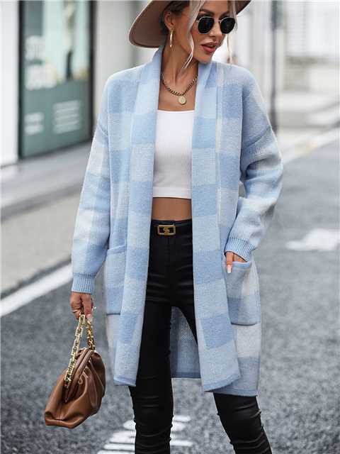Checkered Long Cardigan for Women, Long Length, Open Front, Soft Fabric, Layering Essential, Versatile Style