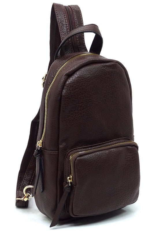 Calin Sling Backpack Faux Vegan Leather Zip Top Closure Adjustable Shoulder Strap Gold-Tone Hardware 7x11.5x4 Inches