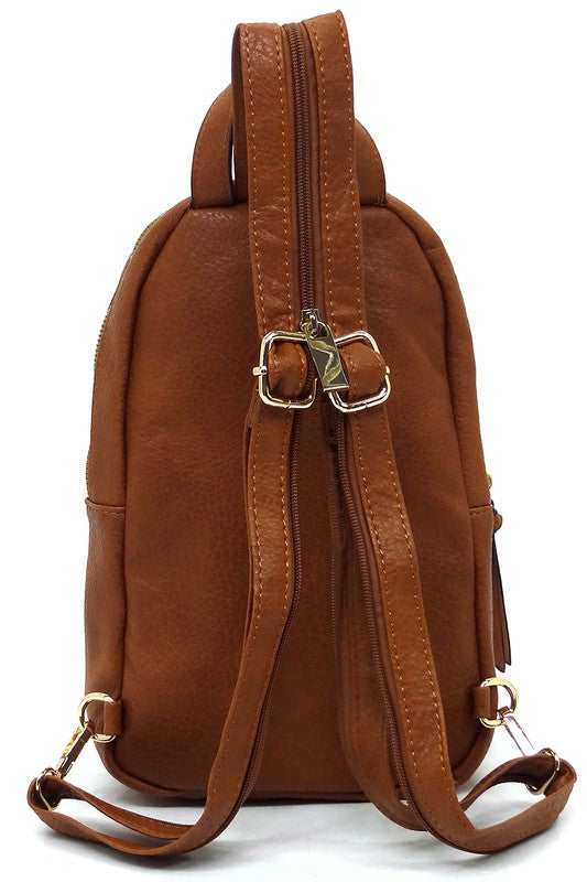 Calin Sling Backpack Faux Vegan Leather Zip Top Closure Adjustable Shoulder Strap Gold-Tone Hardware 7x11.5x4 Inches