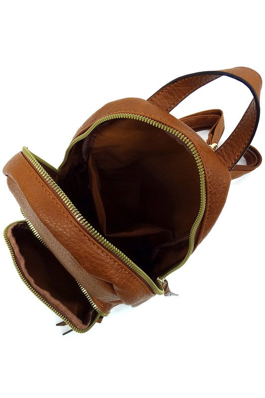 Calin Sling Backpack Faux Vegan Leather Zip Top Closure Adjustable Shoulder Strap Gold-Tone Hardware 7x11.5x4 Inches