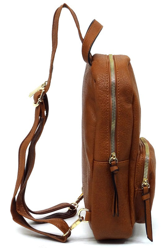 Calin Sling Backpack Faux Vegan Leather Zip Top Closure Adjustable Shoulder Strap Gold-Tone Hardware 7x11.5x4 Inches