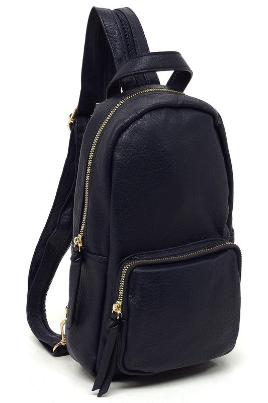 Calin Sling Backpack Faux Vegan Leather Zip Top Closure Adjustable Shoulder Strap Gold-Tone Hardware 7x11.5x4 Inches