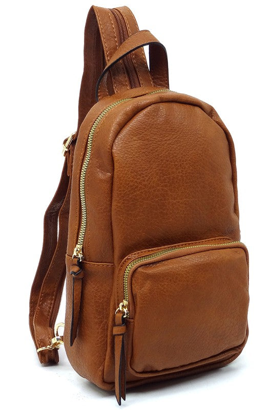Calin Sling Backpack Faux Vegan Leather Zip Top Closure Adjustable Shoulder Strap Gold-Tone Hardware 7x11.5x4 Inches