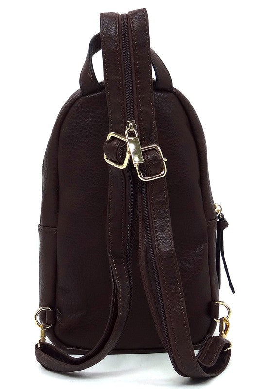 Calin Sling Backpack Faux Vegan Leather Zip Top Closure Adjustable Shoulder Strap Gold-Tone Hardware 7x11.5x4 Inches