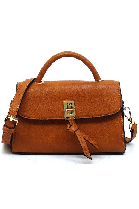 Twist Lock Flap Satchel Crossbody Bag Faux Vegan Leather Gold-tone Hardware Detachable Shoulder Strap