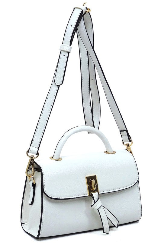 Twist Lock Flap Satchel Crossbody Bag Faux Vegan Leather Gold-tone Hardware Detachable Shoulder Strap