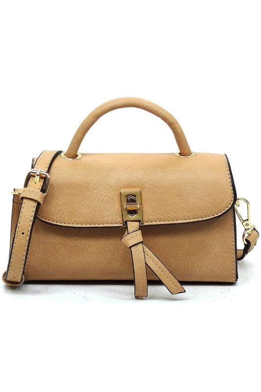 Twist Lock Flap Satchel Crossbody Bag Faux Vegan Leather Gold-tone Hardware Detachable Shoulder Strap