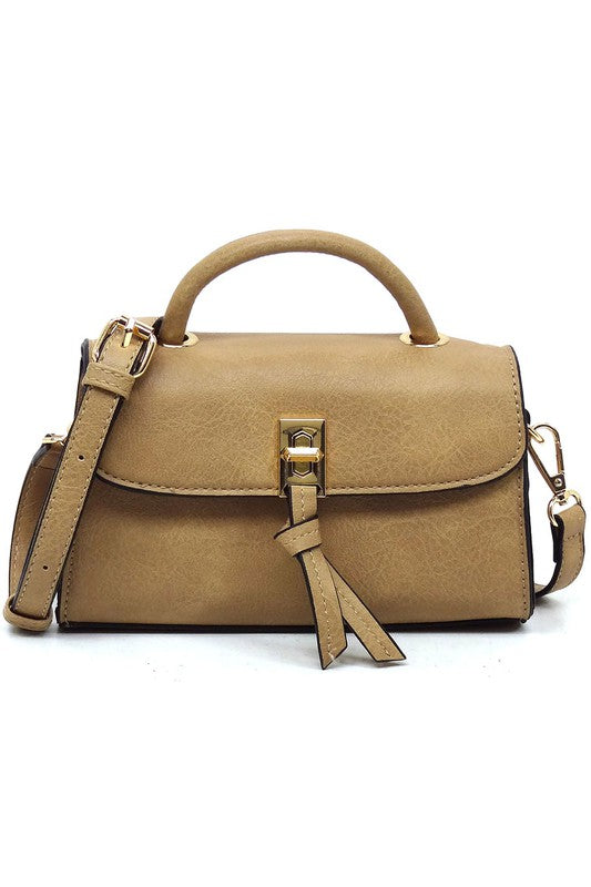 Twist Lock Flap Satchel Crossbody Bag Faux Vegan Leather Gold-tone Hardware Detachable Shoulder Strap