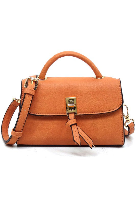 Twist Lock Flap Satchel Crossbody Bag Faux Vegan Leather Gold-tone Hardware Detachable Shoulder Strap