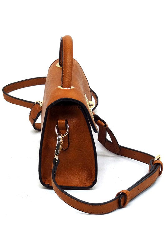 Twist Lock Flap Satchel Crossbody Bag Faux Vegan Leather Gold-tone Hardware Detachable Shoulder Strap