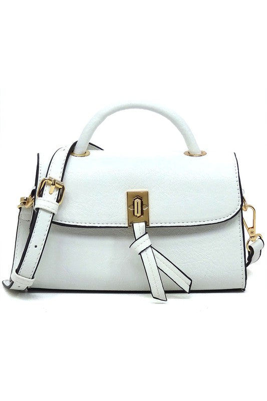 Twist Lock Flap Satchel Crossbody Bag Faux Vegan Leather Gold-tone Hardware Detachable Shoulder Strap