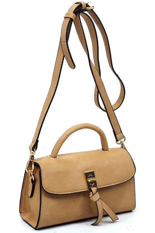 Twist Lock Flap Satchel Crossbody Bag Faux Vegan Leather Gold-tone Hardware Detachable Shoulder Strap