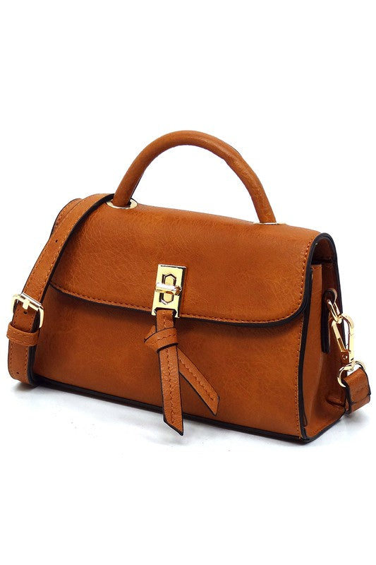 Twist Lock Flap Satchel Crossbody Bag Faux Vegan Leather Gold-tone Hardware Detachable Shoulder Strap