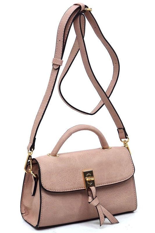 Twist Lock Flap Satchel Crossbody Bag Faux Vegan Leather Gold-tone Hardware Detachable Shoulder Strap