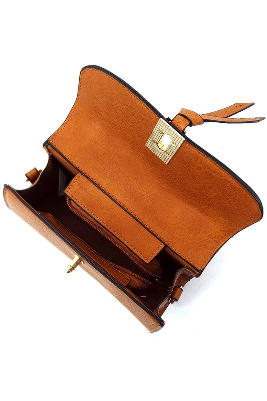Twist Lock Flap Satchel Crossbody Bag Faux Vegan Leather Gold-tone Hardware Detachable Shoulder Strap