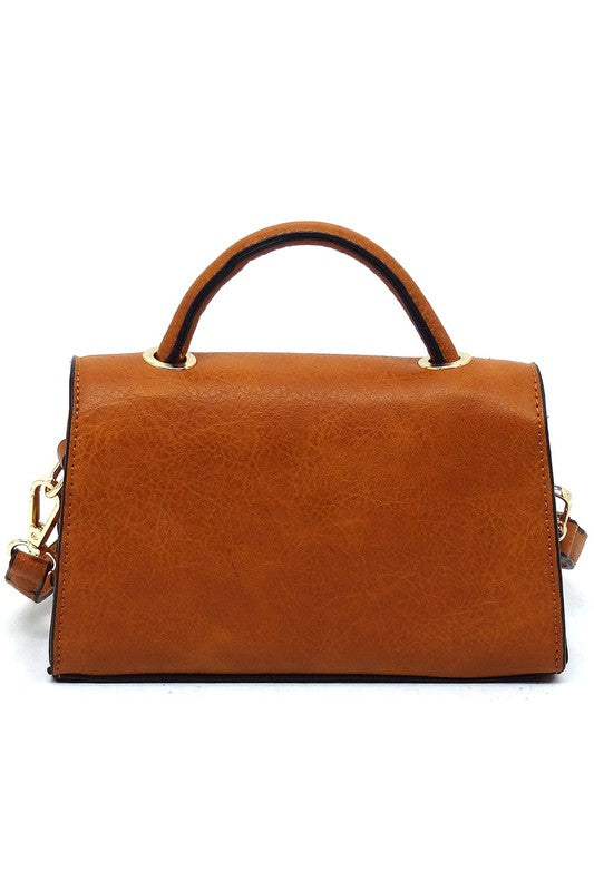 Twist Lock Flap Satchel Crossbody Bag Faux Vegan Leather Gold-tone Hardware Detachable Shoulder Strap