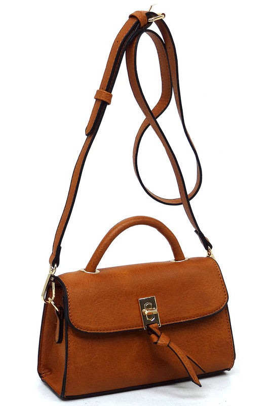 Twist Lock Flap Satchel Crossbody Bag Faux Vegan Leather Gold-tone Hardware Detachable Shoulder Strap