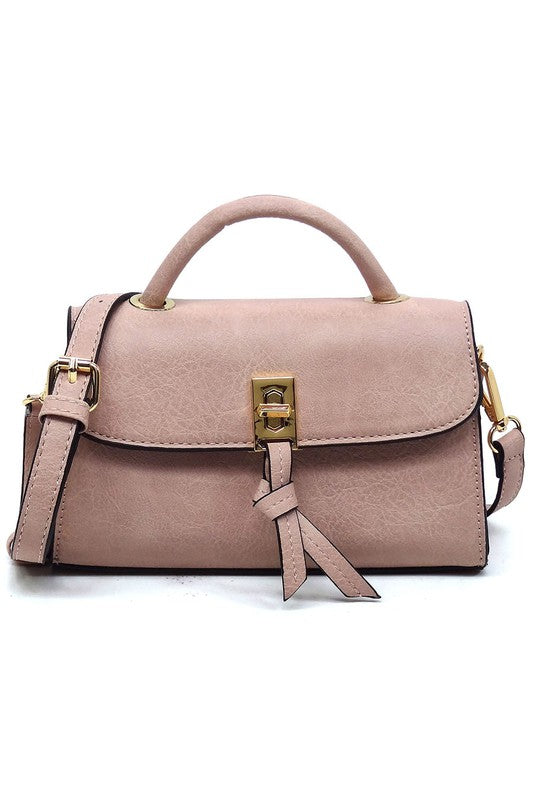 Twist Lock Flap Satchel Crossbody Bag Faux Vegan Leather Gold-tone Hardware Detachable Shoulder Strap