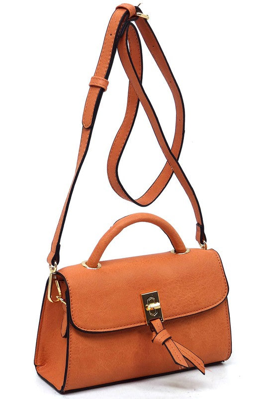 Twist Lock Flap Satchel Crossbody Bag Faux Vegan Leather Gold-tone Hardware Detachable Shoulder Strap