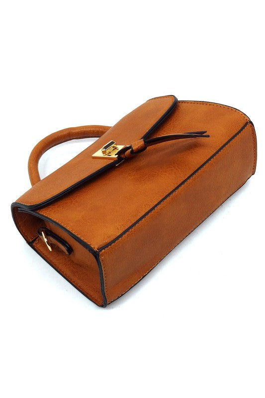 Twist Lock Flap Satchel Crossbody Bag Faux Vegan Leather Gold-tone Hardware Detachable Shoulder Strap