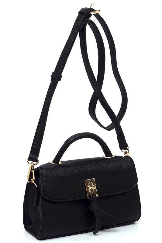 Twist Lock Flap Satchel Crossbody Bag Faux Vegan Leather Gold-tone Hardware Detachable Shoulder Strap