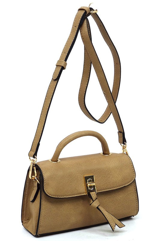 Twist Lock Flap Satchel Crossbody Bag Faux Vegan Leather Gold-tone Hardware Detachable Shoulder Strap