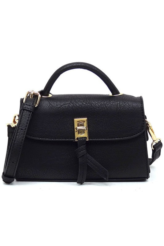 Twist Lock Flap Satchel Crossbody Bag Faux Vegan Leather Gold-tone Hardware Detachable Shoulder Strap