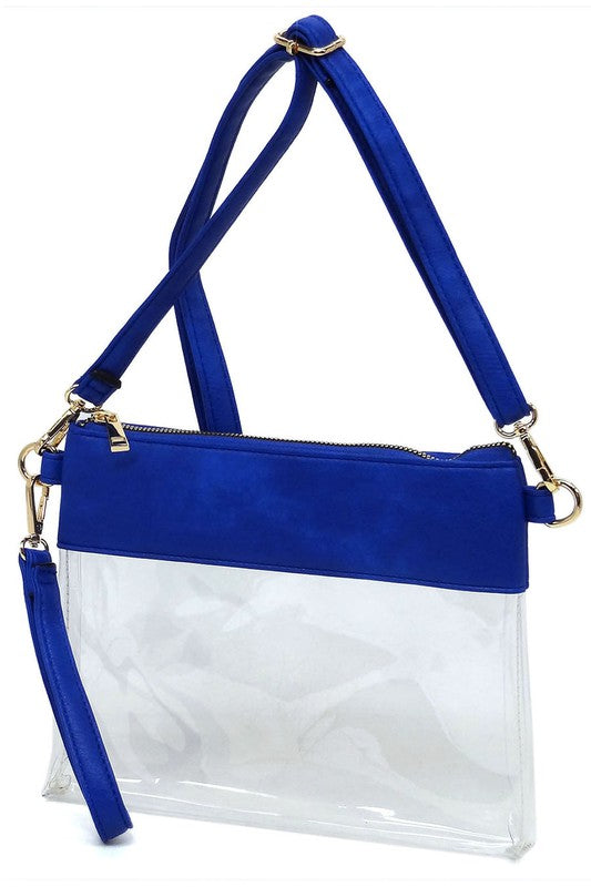 Transparent Crossbody Clutch Bag Faux Vegan Leather Zip Top Closure Detachable Shoulder Strap Stadium Approved 10x7.5x1