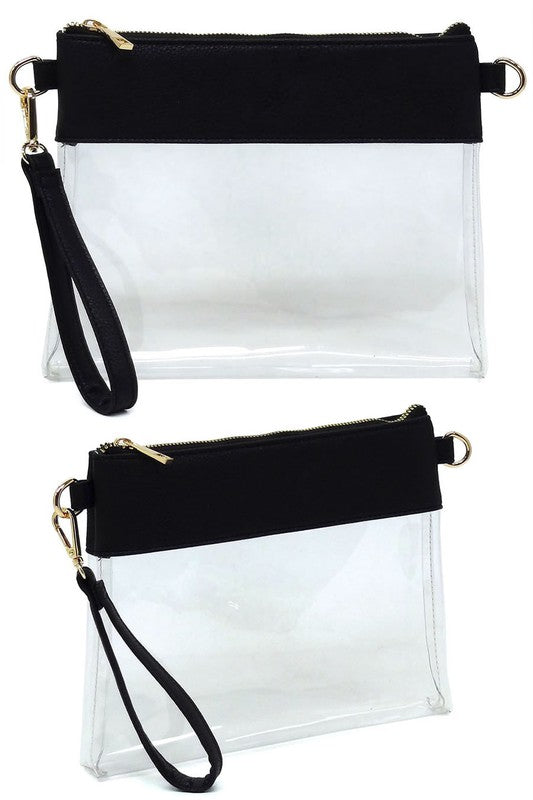 Transparent Crossbody Clutch Bag Faux Vegan Leather Zip Top Closure Detachable Shoulder Strap Stadium Approved 10x7.5x1
