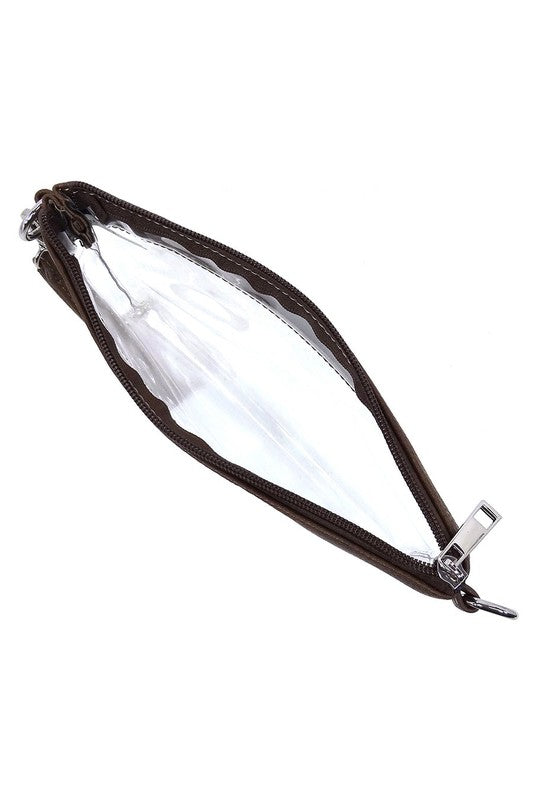 Transparent Crossbody Clutch Bag Faux Vegan Leather Zip Top Closure Detachable Shoulder Strap Stadium Approved 10x7.5x1