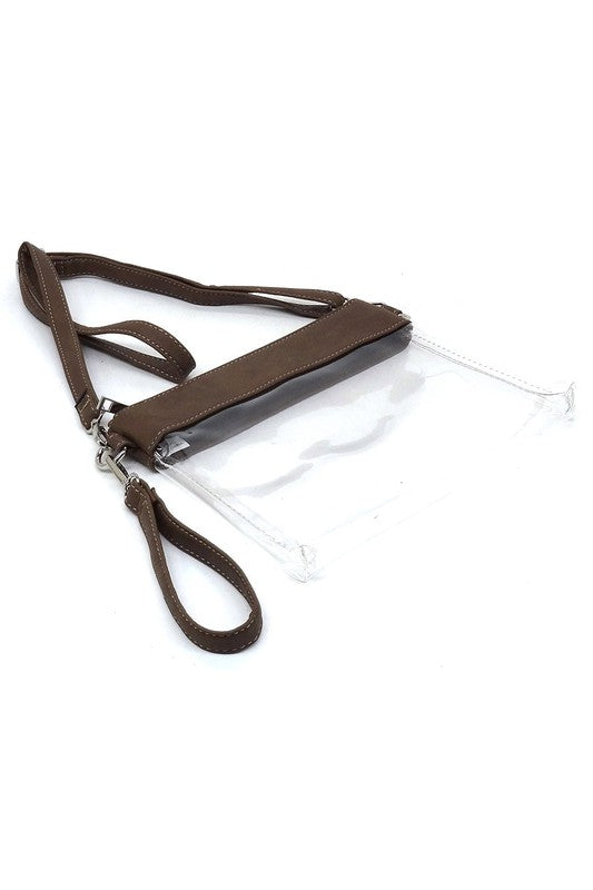 Transparent Crossbody Clutch Bag Faux Vegan Leather Zip Top Closure Detachable Shoulder Strap Stadium Approved 10x7.5x1