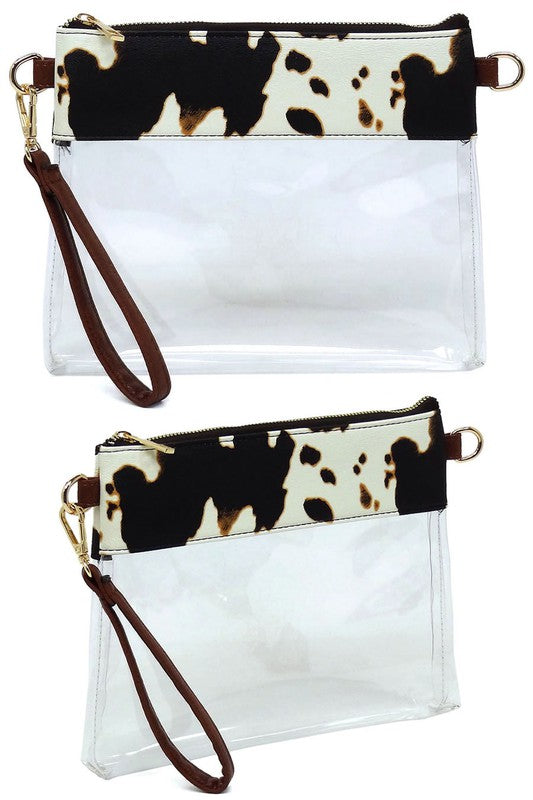Transparent Crossbody Clutch Bag Faux Vegan Leather Zip Top Closure Detachable Shoulder Strap Stadium Approved 10x7.5x1
