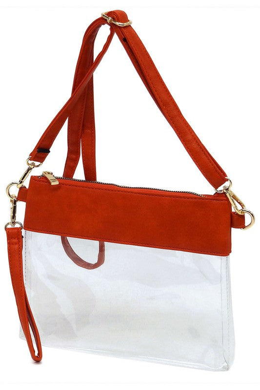Transparent Crossbody Clutch Bag Faux Vegan Leather Zip Top Closure Detachable Shoulder Strap Stadium Approved 10x7.5x1