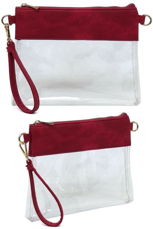 Transparent Crossbody Clutch Bag Faux Vegan Leather Zip Top Closure Detachable Shoulder Strap Stadium Approved 10x7.5x1