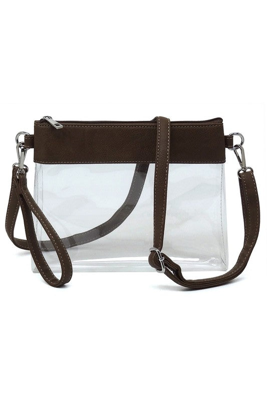 Transparent Crossbody Clutch Bag Faux Vegan Leather Zip Top Closure Detachable Shoulder Strap Stadium Approved 10x7.5x1