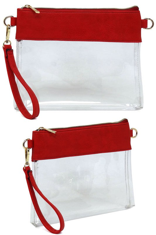 Transparent Crossbody Clutch Bag Faux Vegan Leather Zip Top Closure Detachable Shoulder Strap Stadium Approved 10x7.5x1