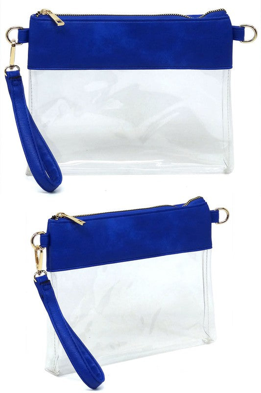 Transparent Crossbody Clutch Bag Faux Vegan Leather Zip Top Closure Detachable Shoulder Strap Stadium Approved 10x7.5x1
