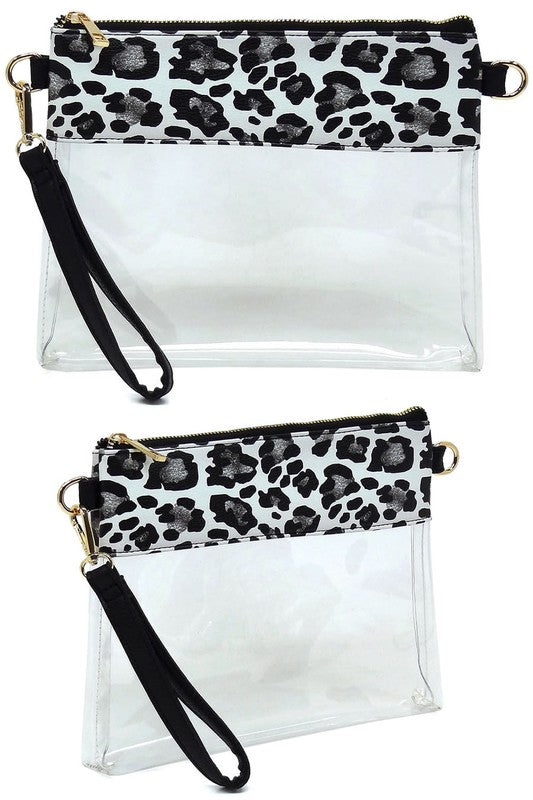 Transparent Crossbody Clutch Bag Faux Vegan Leather Zip Top Closure Detachable Shoulder Strap Stadium Approved 10x7.5x1