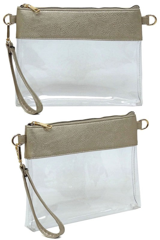 Transparent Crossbody Clutch Bag Faux Vegan Leather Zip Top Closure Detachable Shoulder Strap Stadium Approved 10x7.5x1