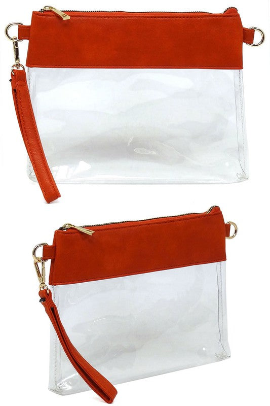 Transparent Crossbody Clutch Bag Faux Vegan Leather Zip Top Closure Detachable Shoulder Strap Stadium Approved 10x7.5x1