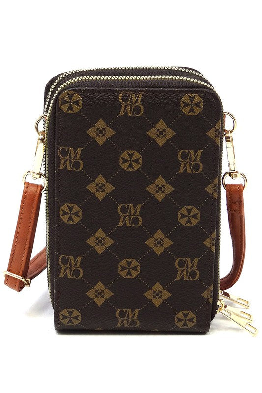 Monogrammed Crossbody Bag Faux Vegan Leather Cell Phone Purse Zipper Closure Gold-tone Hardware Detachable Strap Multi Compartment