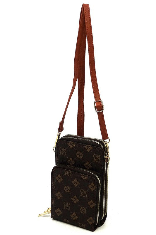 Monogrammed Crossbody Bag Faux Vegan Leather Cell Phone Purse Zipper Closure Gold-tone Hardware Detachable Strap Multi Compartment
