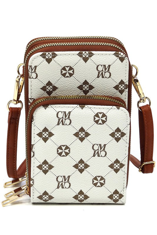 Monogrammed Crossbody Bag Faux Vegan Leather Cell Phone Purse Zipper Closure Gold-tone Hardware Detachable Strap Multi Compartment